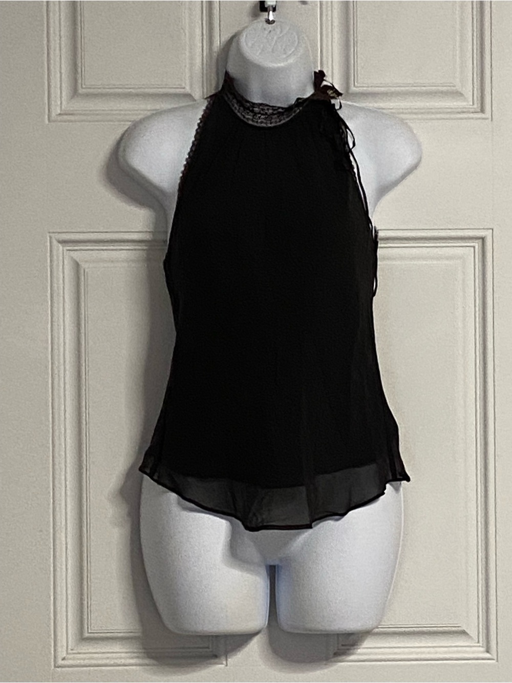 T42a- STUDIO M Dark Chocolate Lace Trim Tie Neck Chemise Layered SILK Blouse